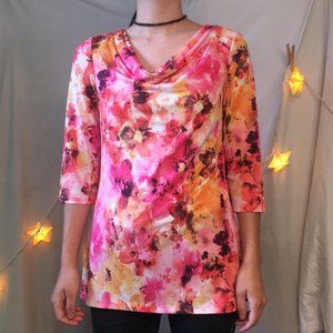 Softworks Pink Orange Floral Cowl Neck Blouse